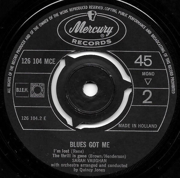 Sarah Vaughan : Blues Got Me (7", EP)