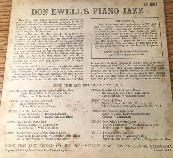 Don Ewell : Don Ewell's Piano Jazz (7", EP, Red)