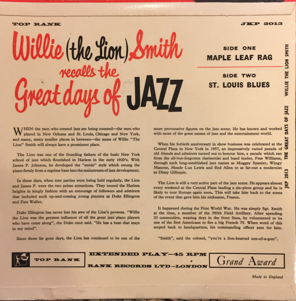 Willie "The Lion" Smith : Willie "The Lion" Smith Recalls The Great Days Of Jazz (7", EP)