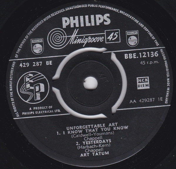 Art Tatum : Unforgettable Art (7", EP, Mono)