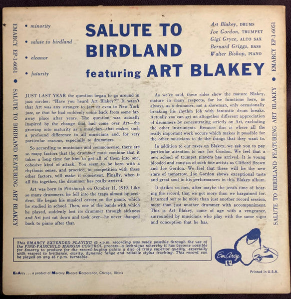 Art Blakey : Salute To Birdland (7", EP, Mono)