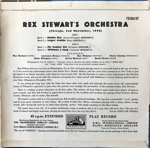 Rex Stewart And His Orchestra : Rex Stewart's Orchestra (Chicago, 2nd November 1940) (7", EP)