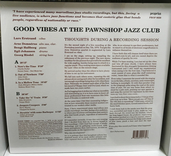 Lars Erstrand & Arne Domnérus : Good Vibes At The Pawnshop Jazz Club (LP, Album, RE)