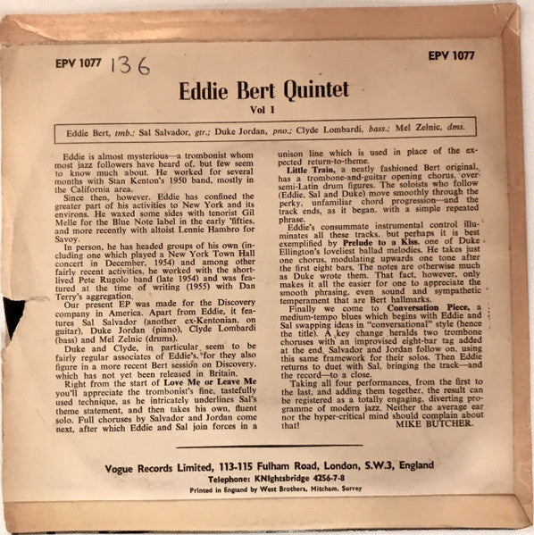Eddie Bert Quintet : Vol. 1 (7", EP, Mono)