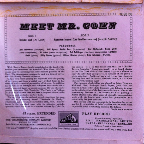 Al Cohn And His "Charlie's Tavern" Ensemble : Meet Mr. Cohn (7", EP)