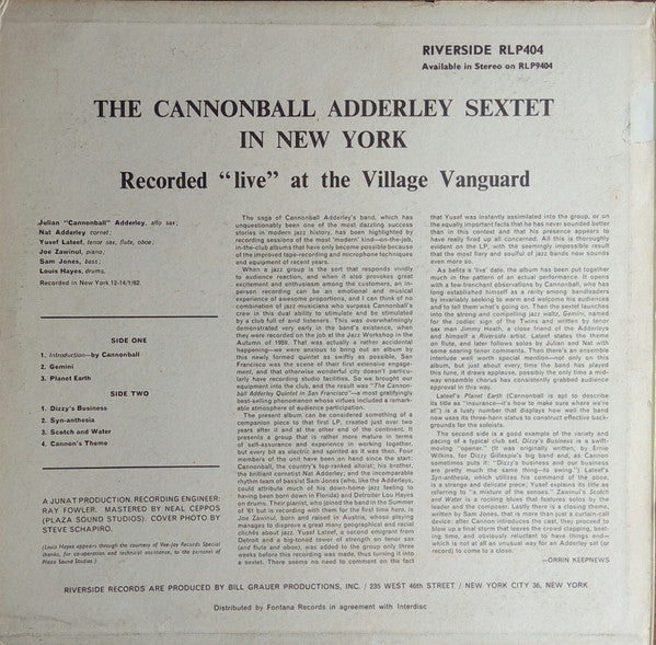 The Cannonball Adderley Sextet* : In New York (LP, Album, Mono)
