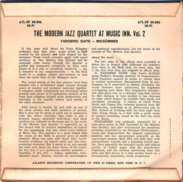 The Modern Jazz Quartet : The Modern Jazz Quartet At Music Inn / Volume 2 (7", EP)
