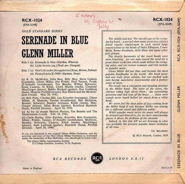 Glenn Miller And His Orchestra : Serenade In Blue (7", EP, Tri)