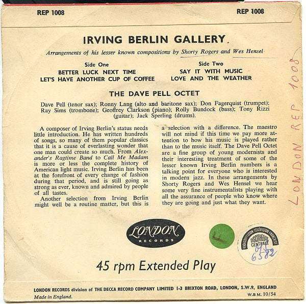 Dave Pell Octet : Irving Berlin Gallery (7", EP)