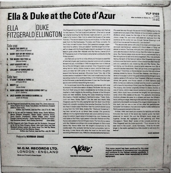 Ella Fitzgerald, Duke Ellington : Ella & Duke At The Côte D'Azur (LP, Album, Mono, Abr)