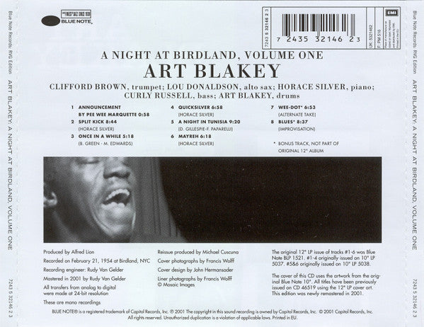 Art Blakey Quintet : A Night At Birdland, Volume One (CD, Album, Mono, RE, RM)