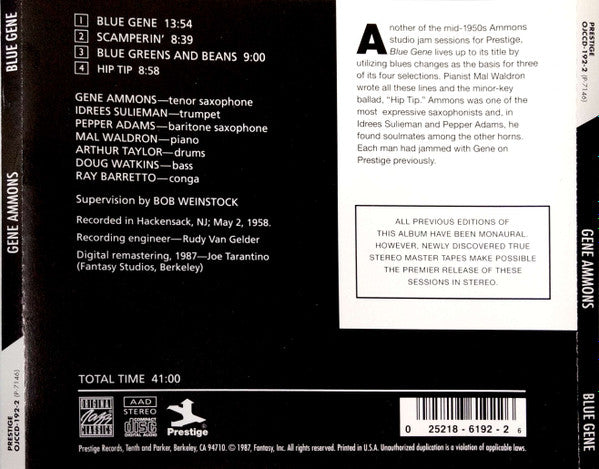 Gene Ammons : Blue Gene (CD, Album, RE, RM)