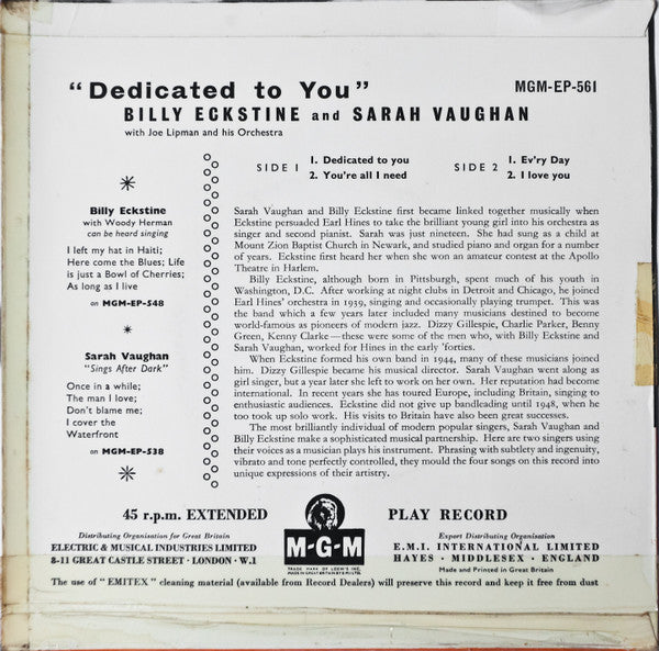 Billy Eckstine & Sarah Vaughan With Joe Lipman And His Orchestra* : Dedicated To You (7", EP, Mono)