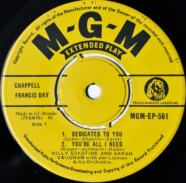 Billy Eckstine & Sarah Vaughan With Joe Lipman And His Orchestra* : Dedicated To You (7", EP, Mono)