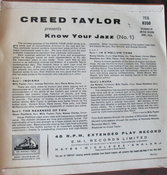 Billy Taylor -  Oscar Pettiford - Kenny Clarke - Joe Roland : Creed Taylor Presents "Know Your Jazz No. 1 - The Rhythm Section (7", EP, Mono)
