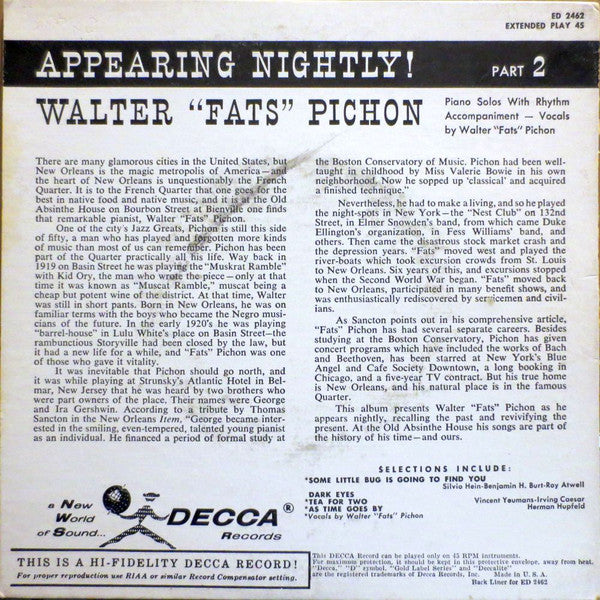 Walter "Fats" Pichon : Appearing Nightly! At The Old Absinthe House Part 2 (7", EP)