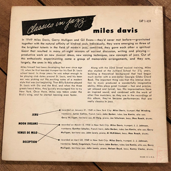 Miles Davis : Classics In Jazz Part 1 (7", EP, Scr)