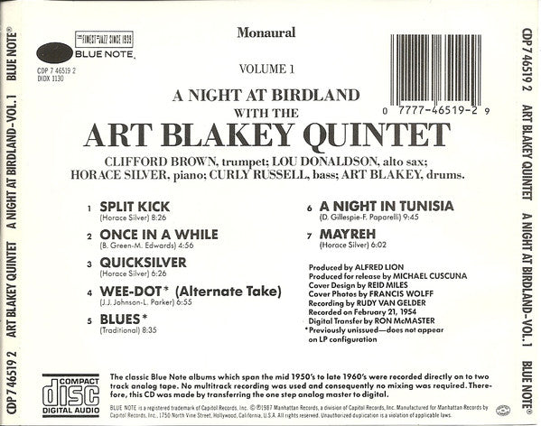Art Blakey Quintet : A Night At Birdland • Volume 1 (CD, Album, Mono, RE)