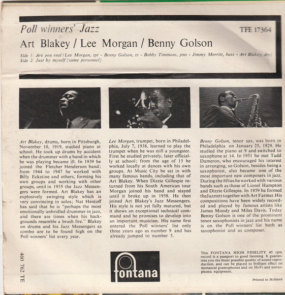 Art Blakey, Lee Morgan, Benny Golson : Are You Real / Just By Myself (7", EP, Mono)