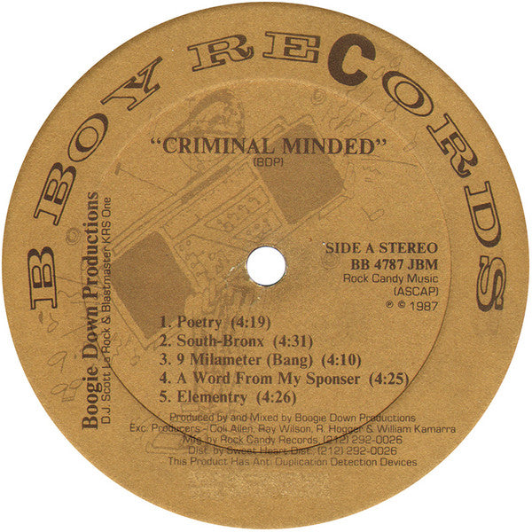 Boogie Down Productions : Criminal Minded (LP, Album, M/Print)