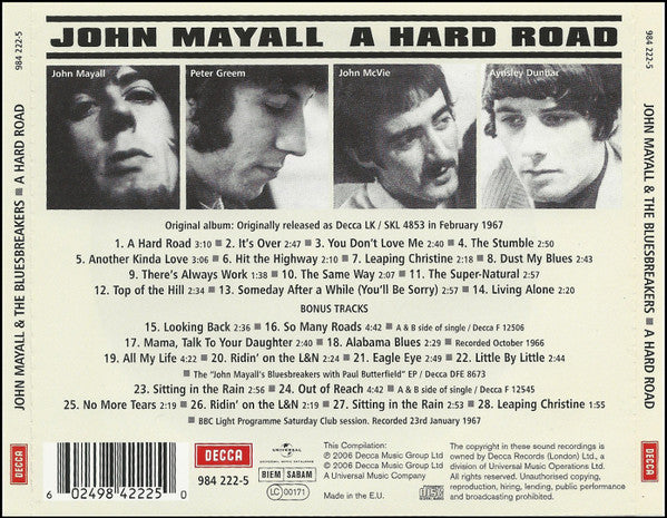 John Mayall & The Bluesbreakers : A Hard Road (CD, Album, Mono, RE, RM, Red)