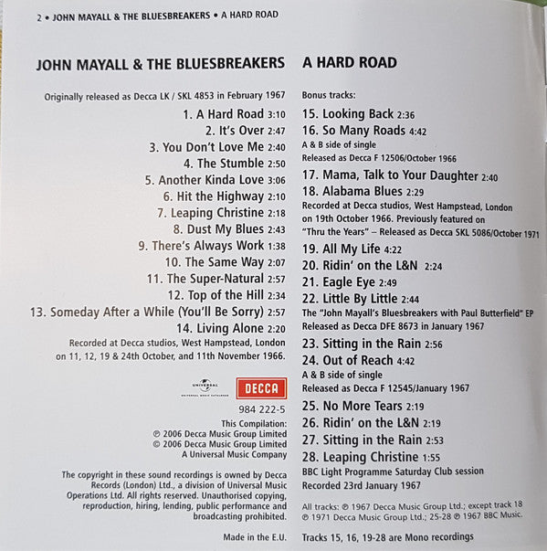 John Mayall & The Bluesbreakers : A Hard Road (CD, Album, Mono, RE, RM, Red)