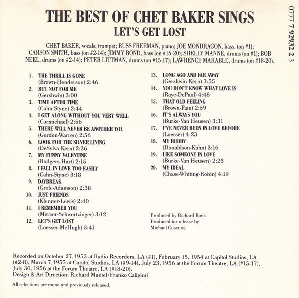Chet Baker : The Best Of Chet Baker Sings (Let's Get Lost) (CD, Comp, Mono)