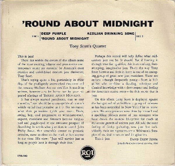 Tony Scott's Quartet* : The Touch Of Tony Scott ('Round About Midnight) (7", EP, Top)