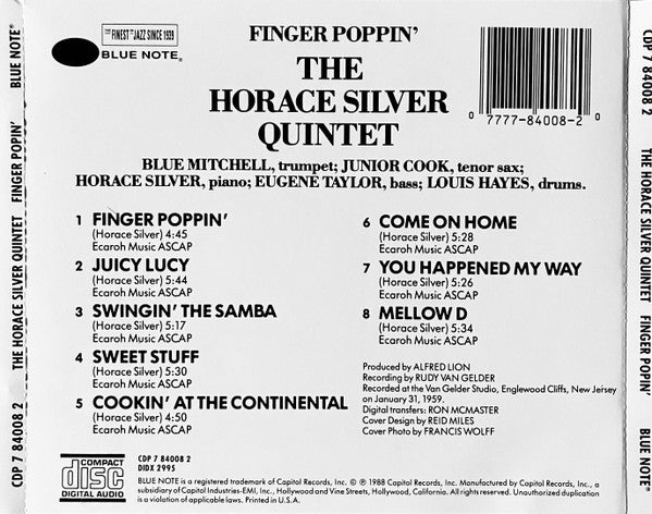 The Horace Silver Quintet : Finger Poppin' With The Horace Silver Quintet (CD, Album, RE)