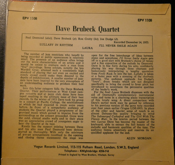 The Dave Brubeck Quartet : At Pacific College (7", EP, Mono)