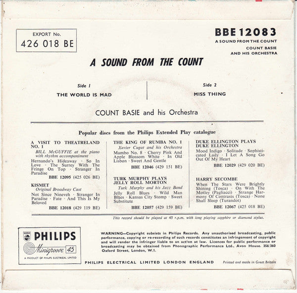 Count Basie Orchestra : A Sound From The Count (7", Single)