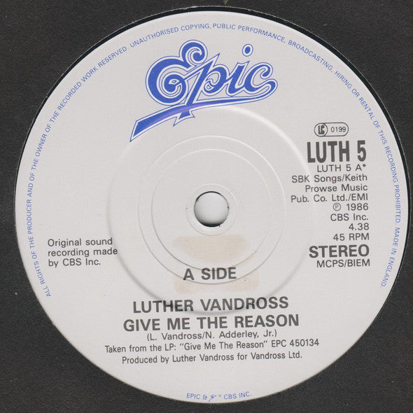 Luther Vandross : Give Me The Reason / Never Too Much (7", Single)