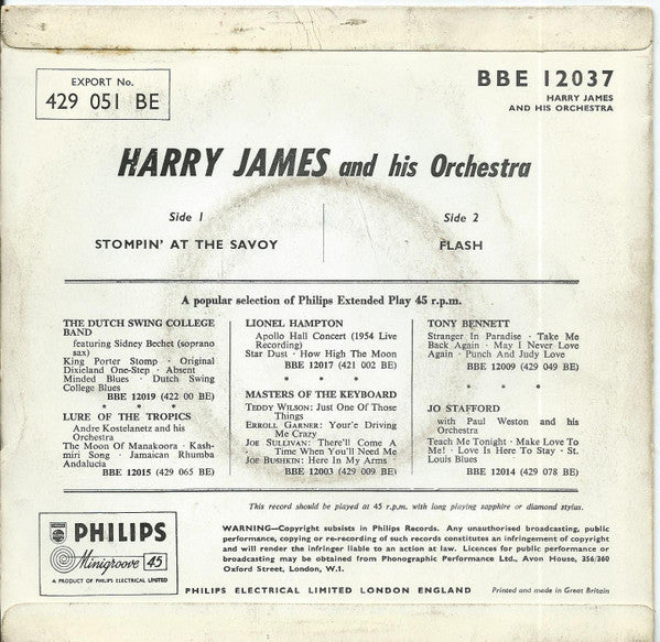 Harry James And His Orchestra : Stompin' At The Savoy / Flash (7", EP)