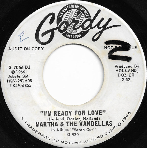 Martha Reeves & The Vandellas : I'm Ready For Love (7", Promo)
