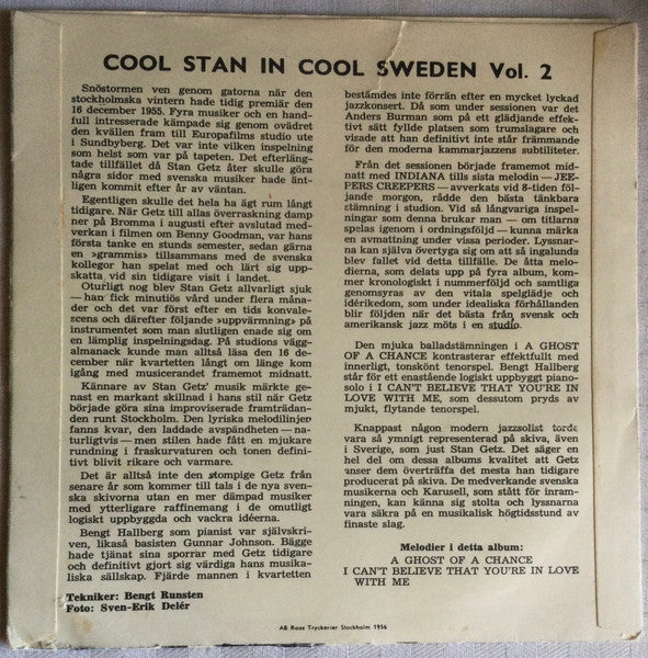 Stan Getz : Cool Stan In Cool Sweden Vol. 2 (7", EP, Lig)