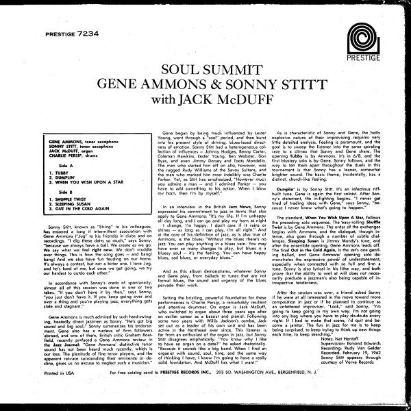 Gene Ammons & Sonny Stitt With Brother Jack McDuff : Soul Summit (LP, Album, Mono, RE, Blu)