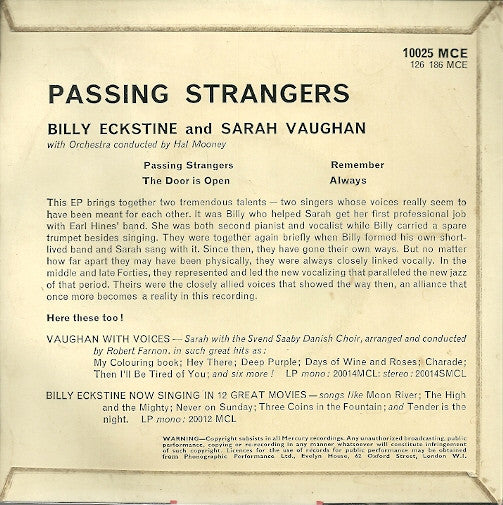 Billy Eckstine & Sarah Vaughan : Passing Strangers (7", EP, Mono)