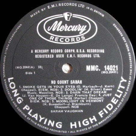 Sarah Vaughan : No Count Sarah (LP, Album, Mono)