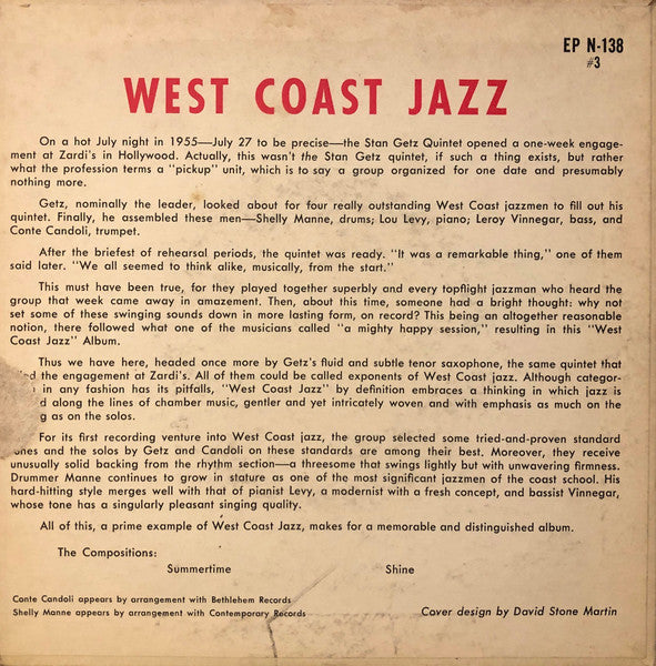Stan Getz, Shelly Manne, Leroy Vinnegar, Conte Candoli, Lou Levy : West Coast Jazz #3 (7", EP)