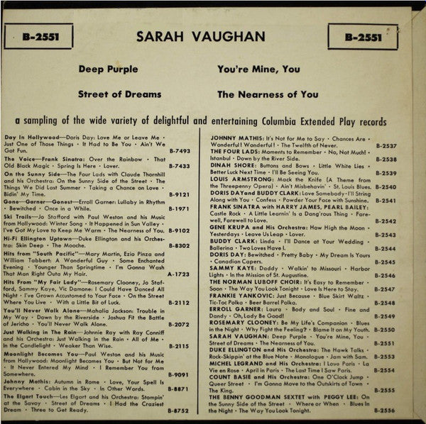 Sarah Vaughan : Deep Purple (7", EP, Styrene)