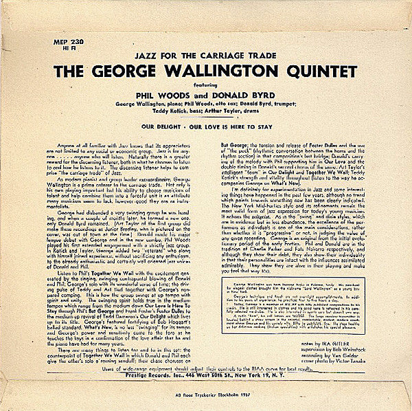 George Wallington Quintet With Phil Woods, Donald Byrd : Jazz For The Carriage Trade, Vol. 1 (7", EP)