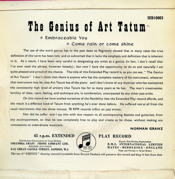 Art Tatum : The Genius Of Art Tatum (7", EP)