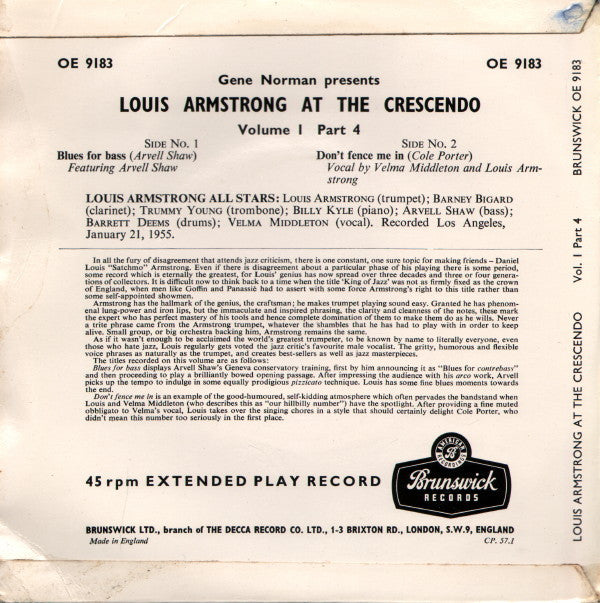 Louis Armstrong : Greg Norman Presents Louis Armstrong At The Crescendo Volume 1 Part 4 (7", EP)