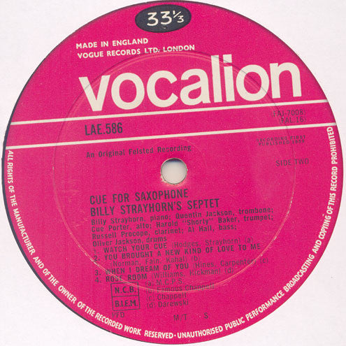 Billy Strayhorn's Septet : Cue For Saxophone (LP, Album, Mono, RE)