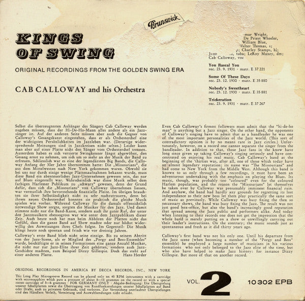 Cab Calloway And His Orchestra : 1931 - Kings Of Swing Vol. 2 (7", EP)