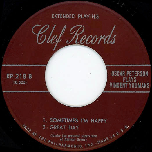 Oscar Peterson : Oscar Peterson Plays Vincent Youmans (7", EP, Mono)