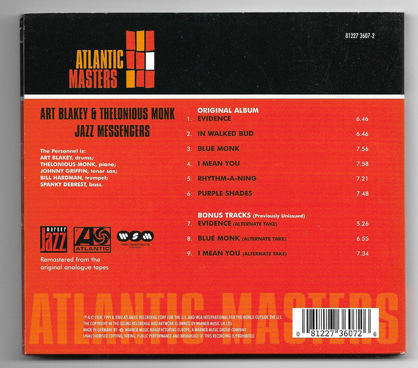 Art Blakey's Jazz Messengers* With Thelonious Monk : Art Blakey's Jazz Messengers With Thelonious Monk (CD, Album, RE, RM, Dig)