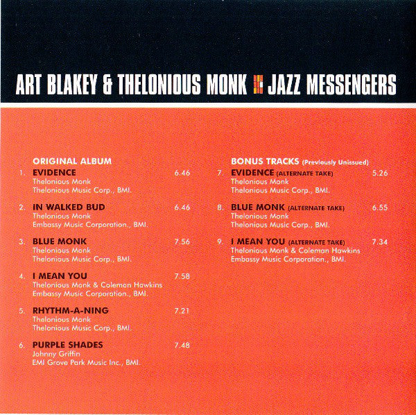 Art Blakey's Jazz Messengers* With Thelonious Monk : Art Blakey's Jazz Messengers With Thelonious Monk (CD, Album, RE, RM, Dig)