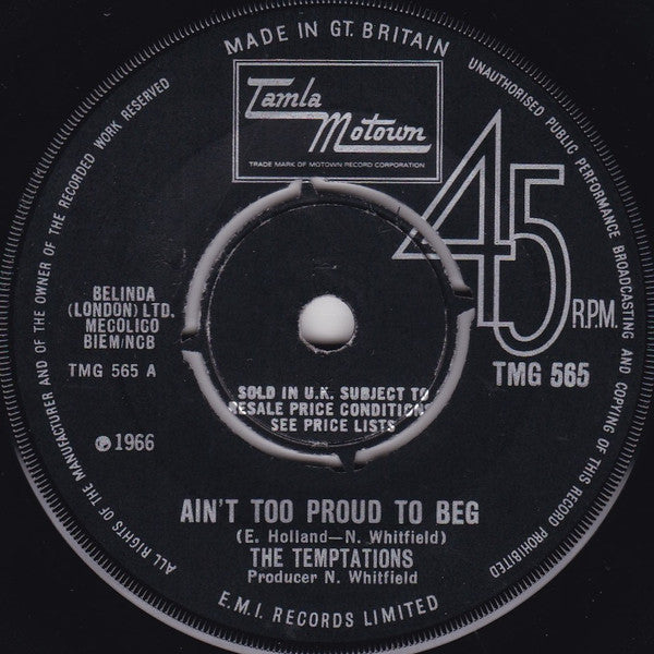The Temptations : Ain't Too Proud To Beg (7", Single, Pus)
