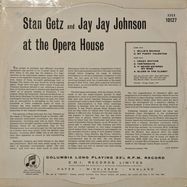 Stan Getz And J.J. Johnson : At The Opera House (LP, Album)